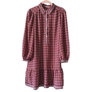 Max Studio London Womens Long Sleeve Pink/Red Patterned Dress L Flowy Ruffle